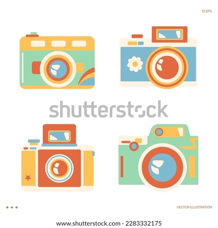 Set of cameras. Retro-style camera. Cartoon cameras. Vector