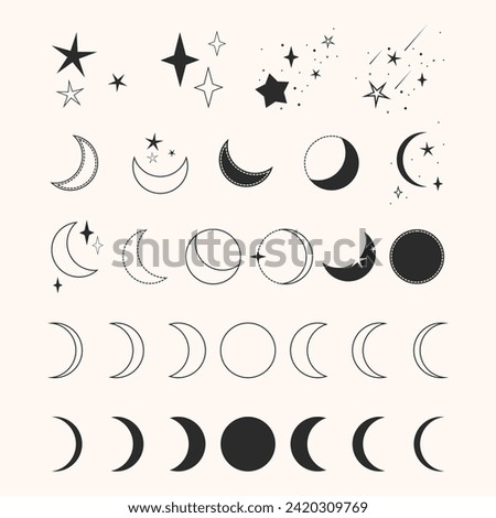 Stars and moons. Moon phases. Elements of stars and moons. Stellar systems. Universe. Starlight and moonlight. Icons of the moon and stars