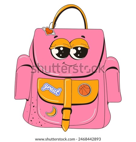 Backpack with eyes. A pink school backpack with groovy style stickers. Heart, moon, basketball, text sticker. A bright school backpack. Vector illustration