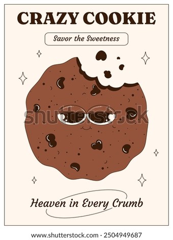 Retro poster with a cookie with eyes in a groovy style. Pastries and sweets. National Dessert Day. Sweet chocolate cookie. Chocolate. Vector funny cookie character