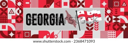 Georgia  national day banner with map, flag colors theme background and geometric abstract retro modern colorfull design with raised hands or fists.