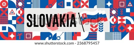 slovakia national day banner with map, flag colors theme background and geometric abstract retro modern colorfull design with raised hands or fists.