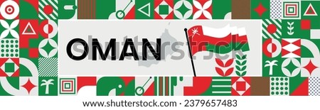 Oman national day banner with map, flag colors theme background and geometric abstract retro modern colorfull design with raised hands or fists.