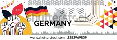 GERMANY national day banner with map, flag colors theme background and geometric abstract retro modern colorfull design with raised hands or fists.