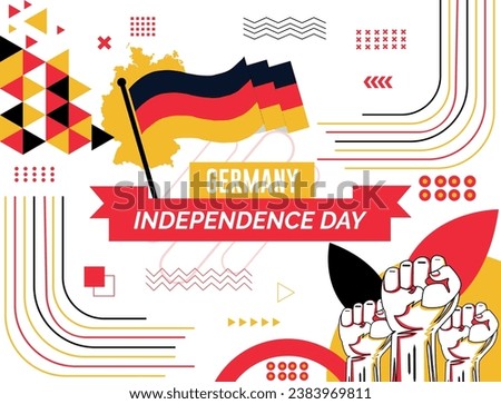 GERMANY national day banner with map, flag colors theme background and geometric abstract retro modern colorfull design with raised hands or fists.