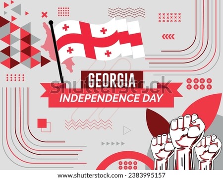 Georgia national day banner with map, flag colors theme background and geometric abstract retro modern colorfull design with raised hands or fists.