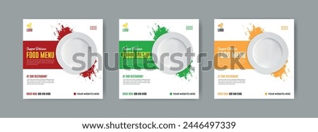 Fast food restaurant social media post or web banner template design.vector illustration with plate. Healthy burger and pizza online sale promotion flyer or poster.