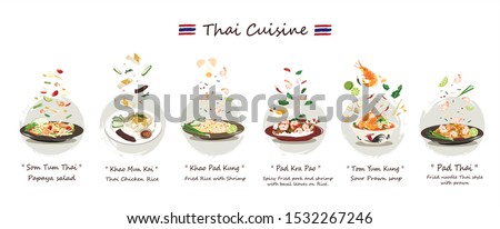 Thai cuisine set.Set of Delicious Thai food vector isolated on white background.Thai cuisine vector Somtum,Khao-mun-kai, Khaopad , Pad-kra-paw , Tom-yum-kung , Pad-thai.Thai food vector.