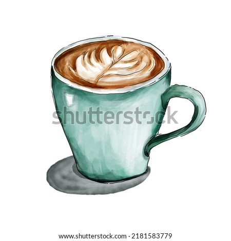 A mug of coffee cartoon digital painting watercolor style on white background. Latte art on top of coffee.