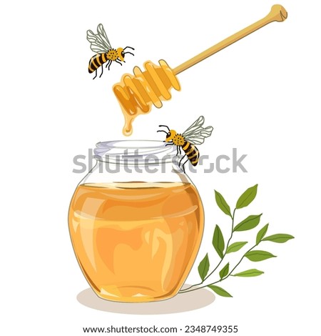 Honey in glass with driped comb honey and bees vector illustration EPS file 