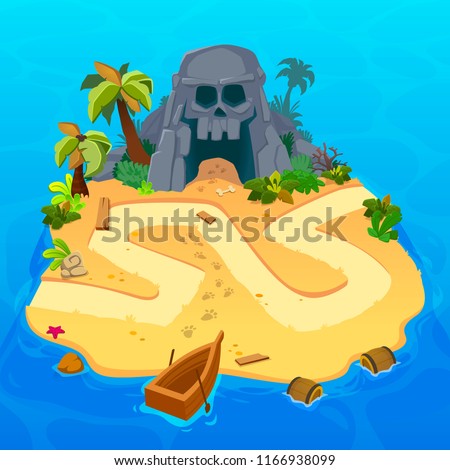 Treasure level map for game. Treasure map with Pirates islands. Vector background for game interface. Uninhabited island