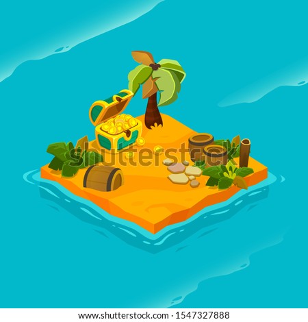 Isometric tropical island with treasure chest and barrel. Vector cartoon illustration for computer games. uninhabited island