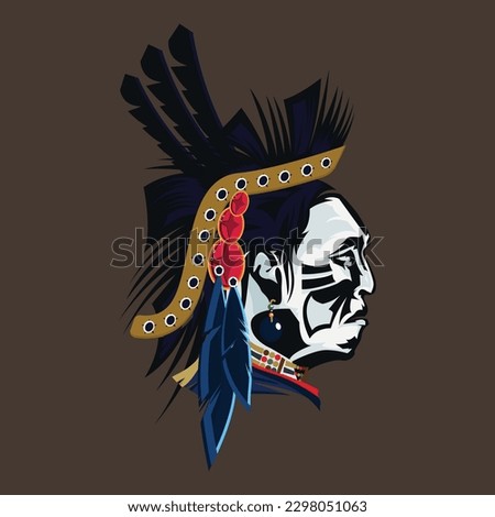 Proud Native American Indians powwow Chief Powerful Portrait with Dream Catchers and Mountains on Background Vector Logo apache Illustration