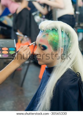 ODESSA, UKRAINE - MAY 15: Making up at hairdressers contest 