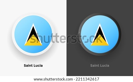 Set of two Saint Lucia flag buttons in black and white background. Abstract shiny metallic rounded buttons with national country flag