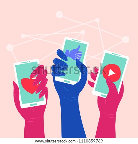 Social Network - Friends Interacting on Social Media People using different social platforms. Hands holding smartphones with social network apps icons. Online communication and connection.