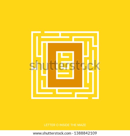 Letter O shape Maze Labyrinth, maze with one way to entrance and one way to exit. Flat design, vector illustration.