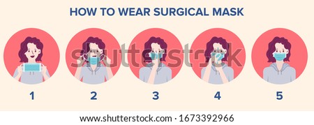 How to wear a mask correct. Women presenting the correct method of wearing a mask,To reduce the spread of germs, viruses and bacteria. Vector illustration in a flat style Foto d'archivio © 