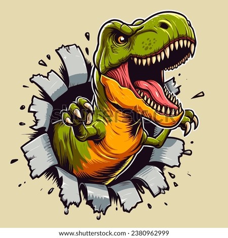 vector hand drawn t-rex roars out of a scrap of paper illlustration