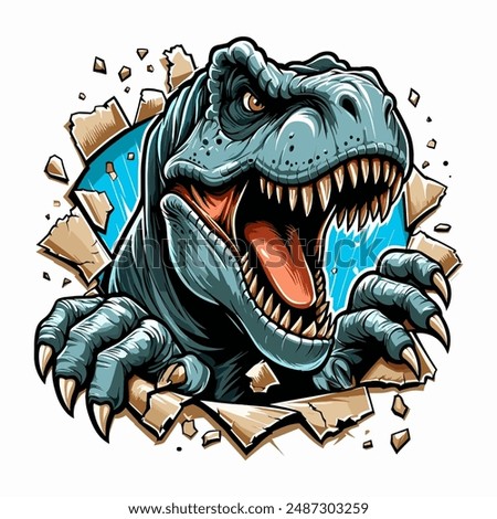 vector hand drawn t-rex roars out from torn paper illlustration