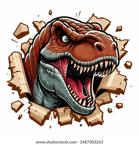 vector hand drawn t-rex roars out from torn paper illlustration