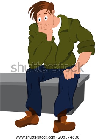 Illustration of cartoon people isolated on white. Cartoon man in green jacket and blue pants sitting on the bench.