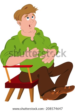 Illustration of cartoon people isolated on white. Cartoon man in green polo shirt touching stomach.