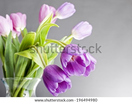 A drooping purple flower in a vase filled with water.