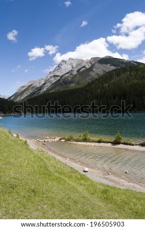 A body of water in front of a mountain with tall evergreens.