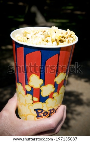 A small tub of popcorn being held in the park.