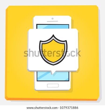 3d vector illustration of smartphone. Isometric flat design. Mobile phone window with notification about activated protection. VPN or proxy technologies. Yellow shield.