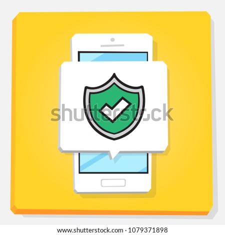 3d vector illustration of smartphone. Isometric flat design. Mobile phone window with notification about activated protection. VPN or proxy technologies. Green shield with checkbox sign.