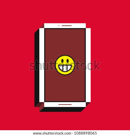 3d vector illustration of smartphone. Isometric flat design. Mobile phone screen with grinning face emoji icon on red background. Concept of comic post, message or comment.