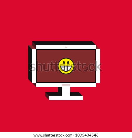 3d vector illustration of computer. Isometric flat design. Desktop monitor screen with grinning face emoji icon on red background. Concept of comic post, message or comment.