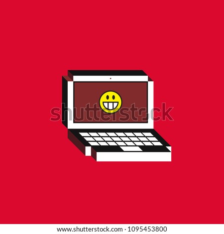 3d vector illustration of laptop. Isometric flat design. Notebook monitor screen with grinning face emoji icon on red background. Concept of comic post, message or comment.