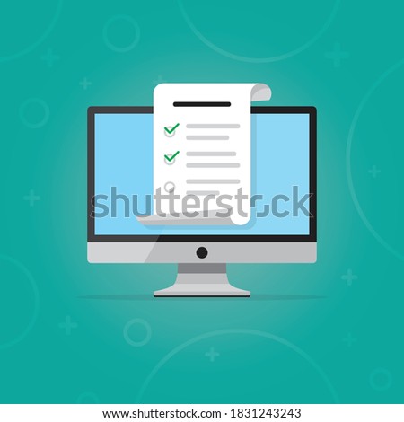 Computer flat design vector illustration. Desktop PC screen with to-do list document template, mark checkbox, online voting or completed questionnaire. Polls on Internet. User agreement.