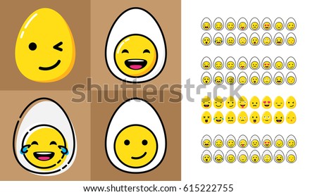Cartoon vector illustration. Big set of egg shaped emoji. Some mood sticker for chat like LOL, love, wink, crazy, flirt, confused, laugh, kiss, tears, cry and other. Four flat style.