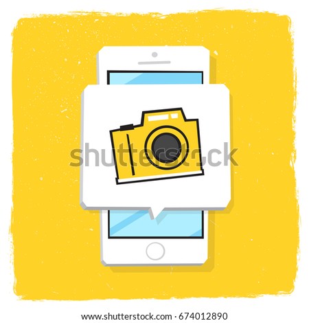 Smartphone 3d isometry flat design vector illustration. Window with photo camera icon on mobile phone screen. Concept of capture screenshot or selfie shooting.