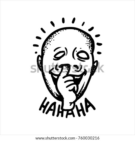 Black and white street art graffiti. Ink drawn story about an imbecile moron. Clipart for sticker, tattoo or print. Happy country bumpkin guy picks his nose with finger and inscription ha ha ha.