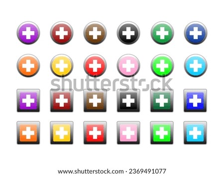 plus sign icon set with gradient color inside the circle and square. colorful 24 buttons. vector illustration isolated on white background.