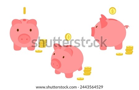 piggy banks with gold coins set with different position and view. saving money concept. investment concept. vector illustration isolated on white background.