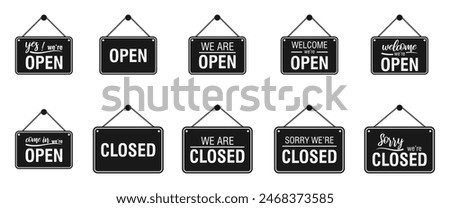 open and closed hanging signboards on the door. sign for cafe, restaurant, bar or retail store. Vector illustration isolated on white background.