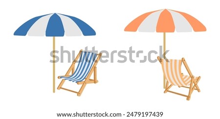 beach chair and umbrella vector set, front view and side view. vector illustration isolated on white background.