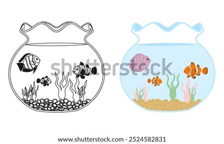 happy fish in the fishbowl aquarium tank vector illustration isolated on white background.