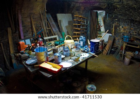 Dark room with painting tools