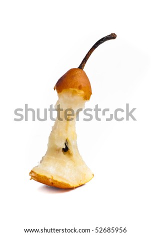 Half eaten pear isolated on white background