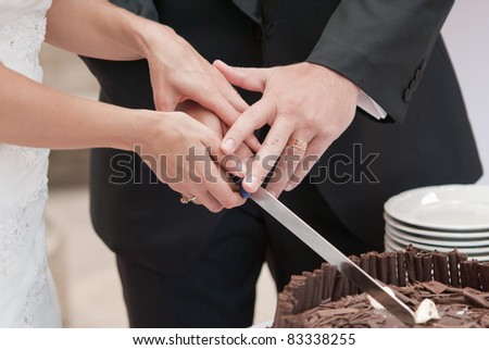 A wonderful wedding cake with the bride and groom cutting the cake with a long knife.
