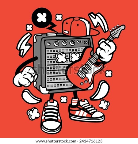 Red abstract character: guitar amp, hat, shoes, musical symbols. Cartoonish, holding red electric guitar, portraying music and motion.