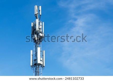 Similar – Image, Stock Photo Telecommunication tower with blue sky and white clouds background. Antenna on blue sky. Radio and satellite pole. Communication technology. Telecommunication industry. Mobile or telecom 4g network.