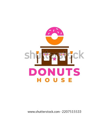 Donuts restaurant or coffee. Bakery shop building logo on roof. Brick architecture with cake logotype. Sweet dish in store vector. Donuts for bar.